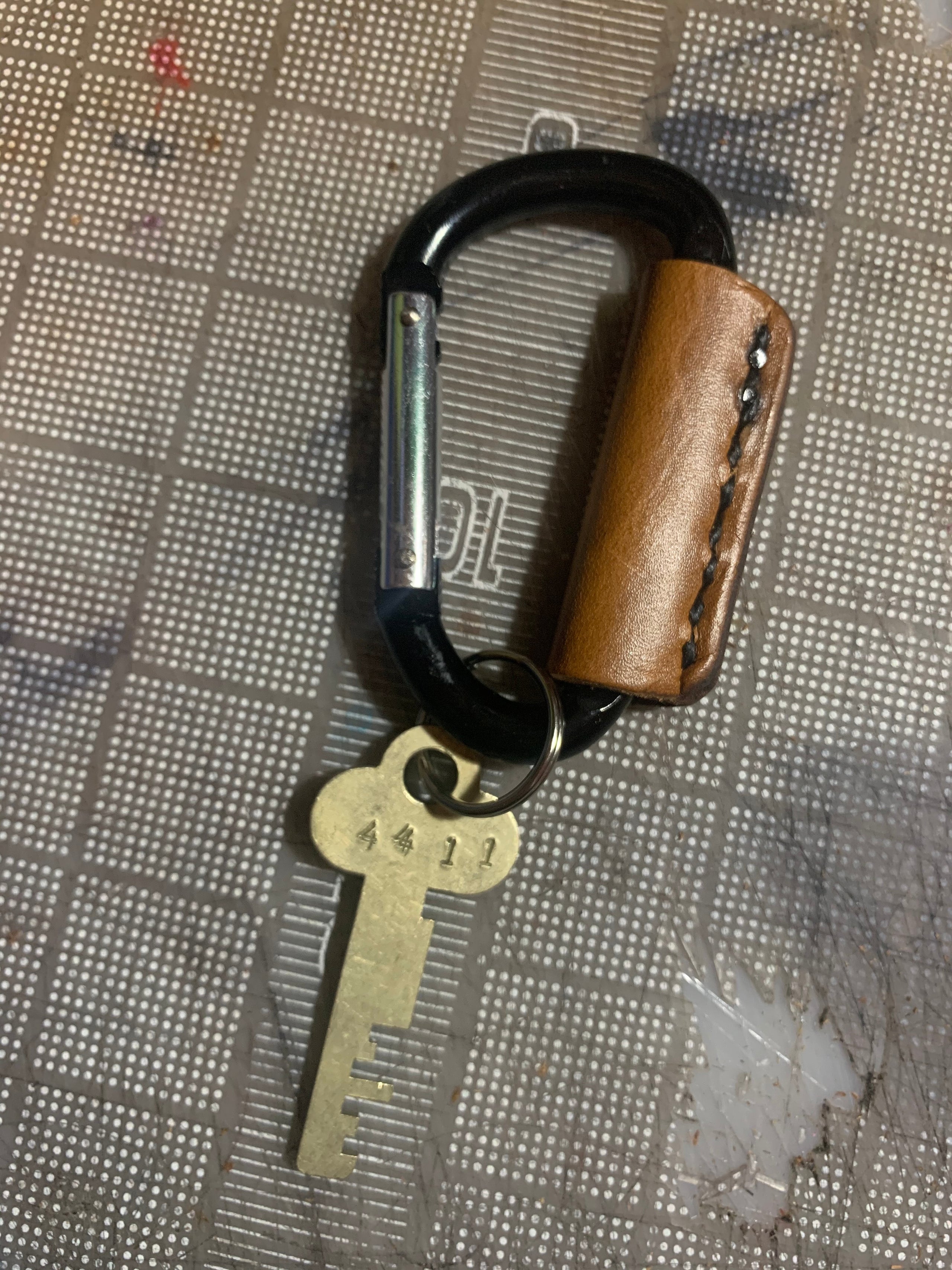 Leather wrap brass carabiner clip with whistle and key cover
